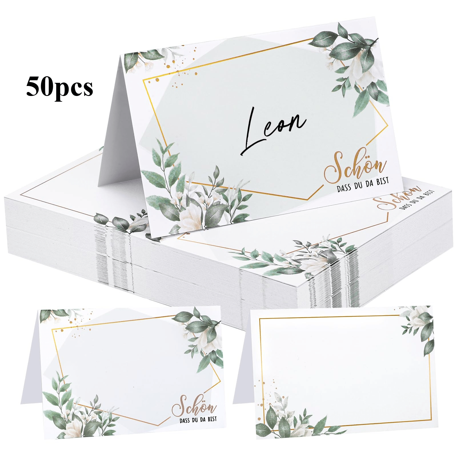 Image of Pack Of 50/100 Cards "schön Dass Du Da Bist", 100 X 90 Mm Cards For Writing Yourself, Name Cards, Cards For Wedding, Birthday, Christening, Easter, Mother's Day (leaves)