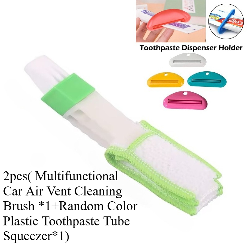 TEMU 2pcs (multifunctional Car Air Vent Cleaning Brush X 1 And Random Color Plastic Toothpaste Tube Squeezer X 1) Detachable And Washable, Green And