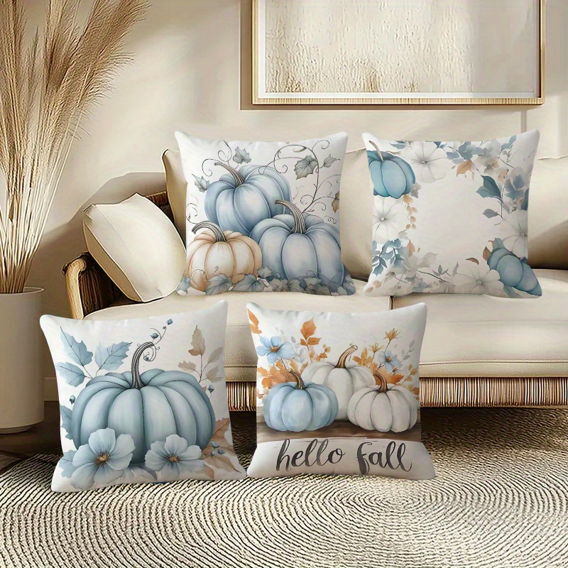 4Pcs Set Of Autumn-Themed Pillow Covers Featuring Pumpkin And Floral Elements, In Three Sizes, Polyester Pillow Covers With Zipper Closure, Machine Washable, Suitable For Living Room, Office Decor - Home & Kitchen