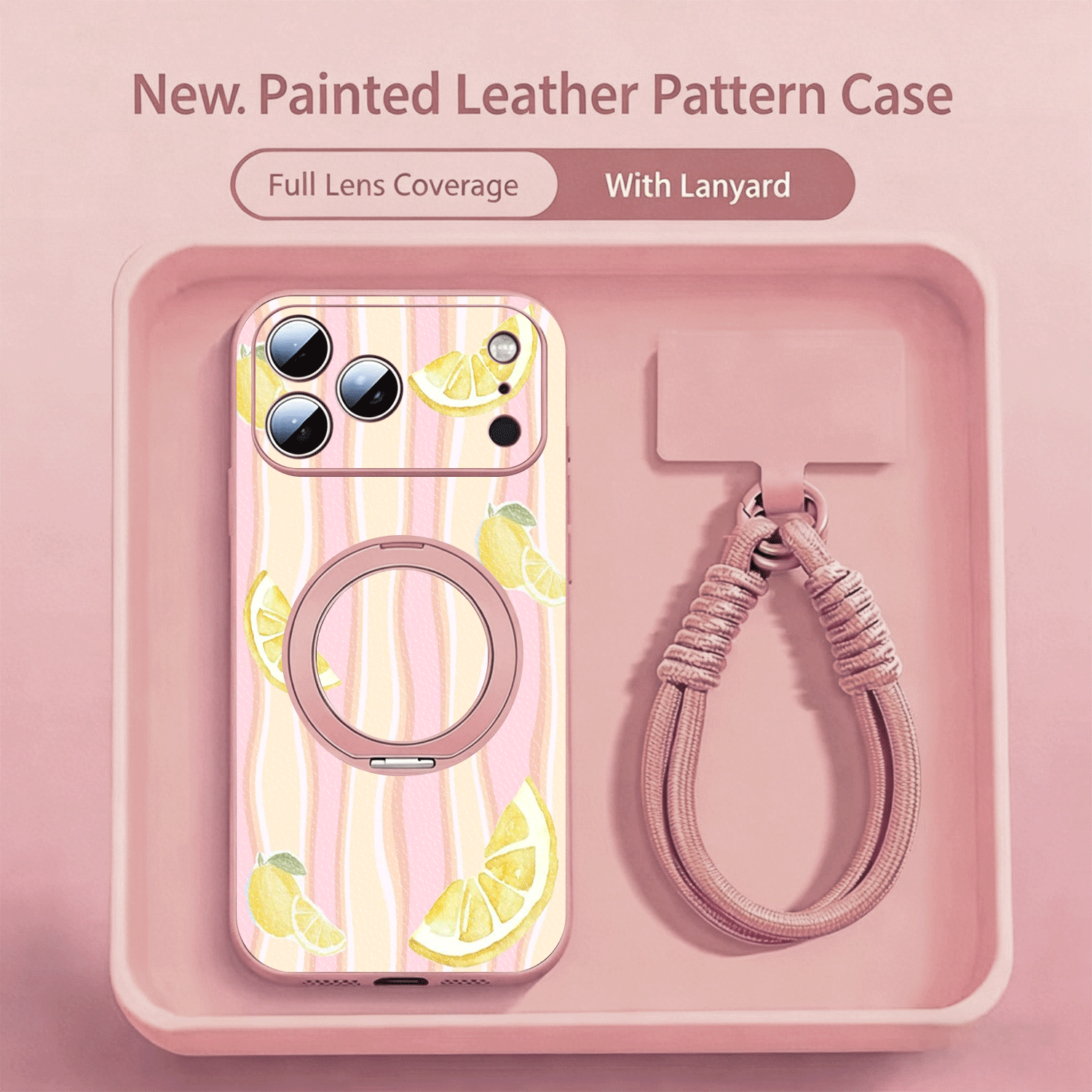 TEMU Phone Case: Powder-striped Watercolor Lemon New Synthetic Leather-textured Phone Case With Stand And Lanyard, Suitable For Iphone 17 Pro Max/17