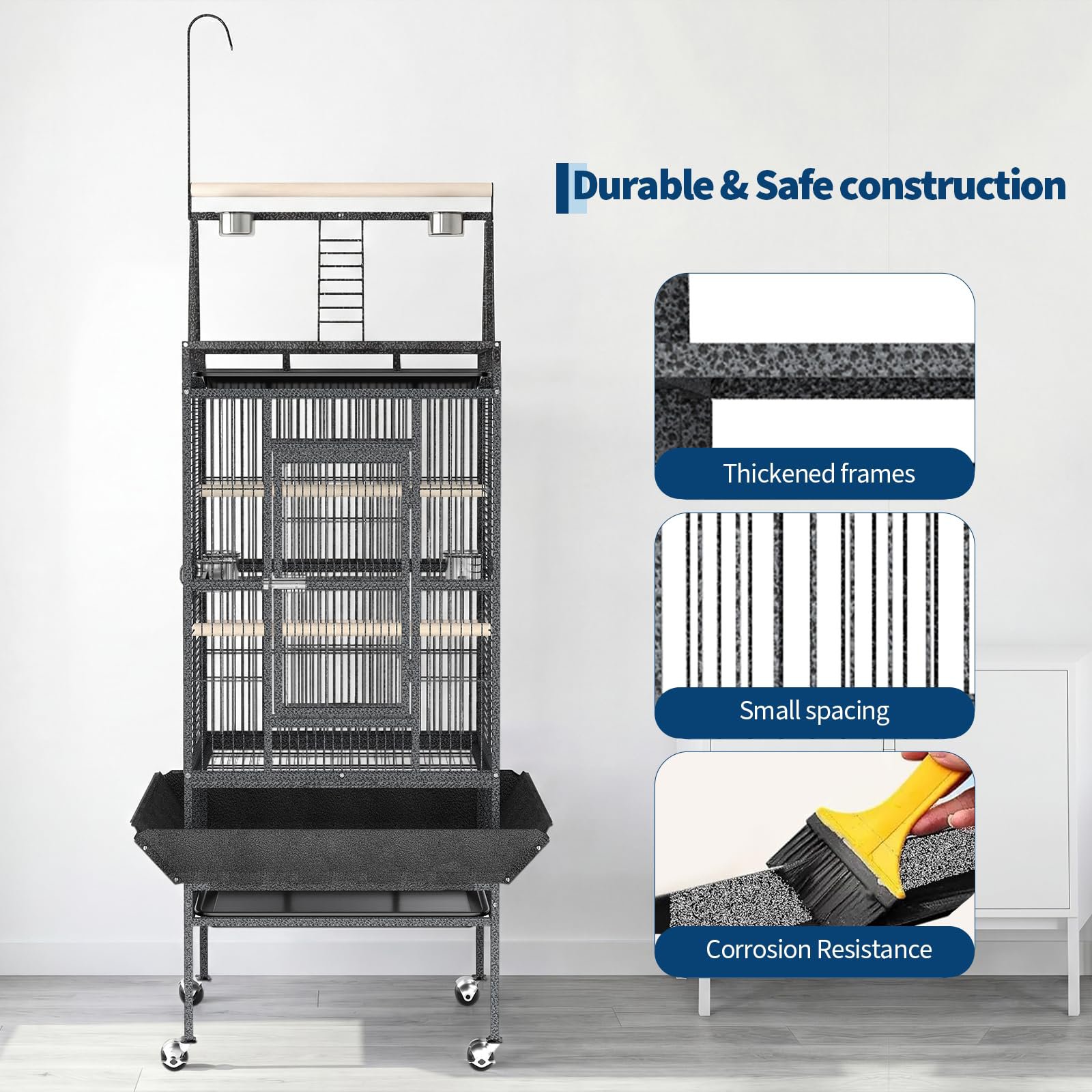 82" Rolling Bird Cage with Play Top And Rope Perch, Large Parrot... product image 7