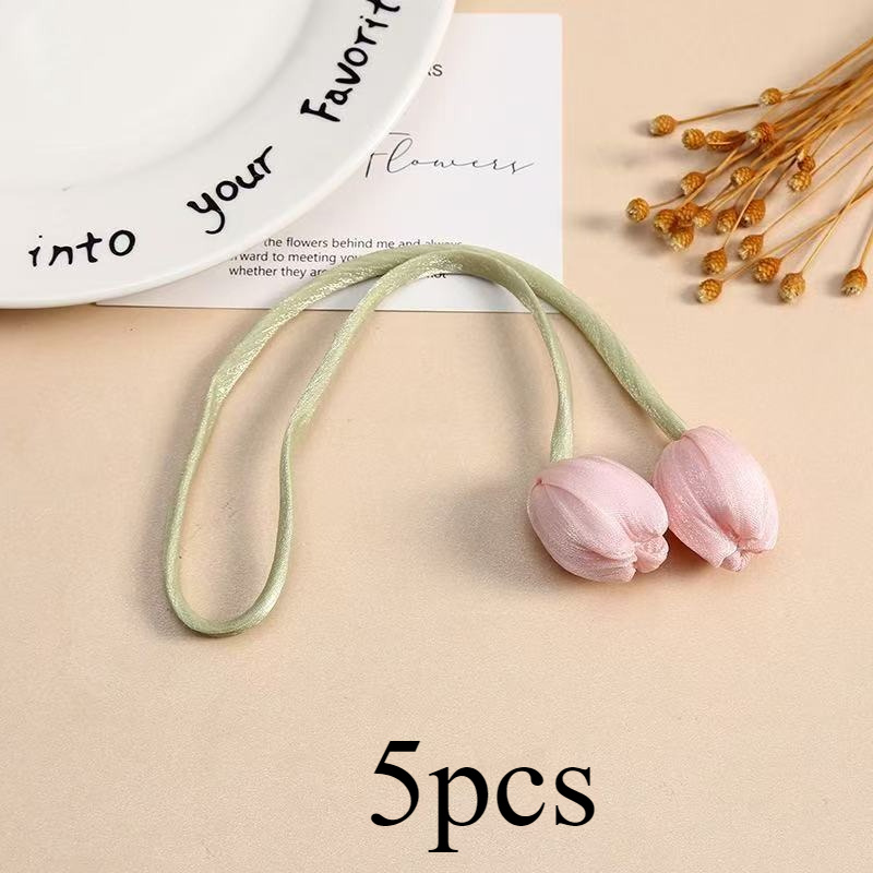 5pcs Elegant Tulip Curtain Tiebacks - Classic Polyester Tiebacks Featuring Pink Flowers And Green Leaves, Decor Curtain Additions