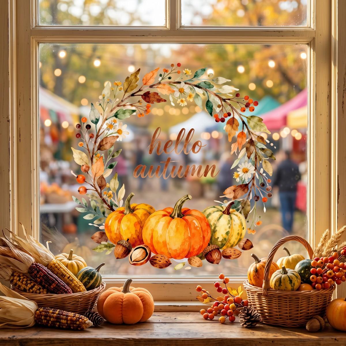 TEMU Window Stickers, New Autumn Falling Leaves Pumpkin Wreath Glass Window Decals, Removable Window Clings For Festive Atmosphere And Autumn Decor,