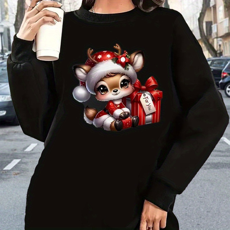 

Cozy Plus Size Christmas Reindeer Sweatshirt Dress - Casual Long Sleeve Crew Neck, Fall & Winter, Women'