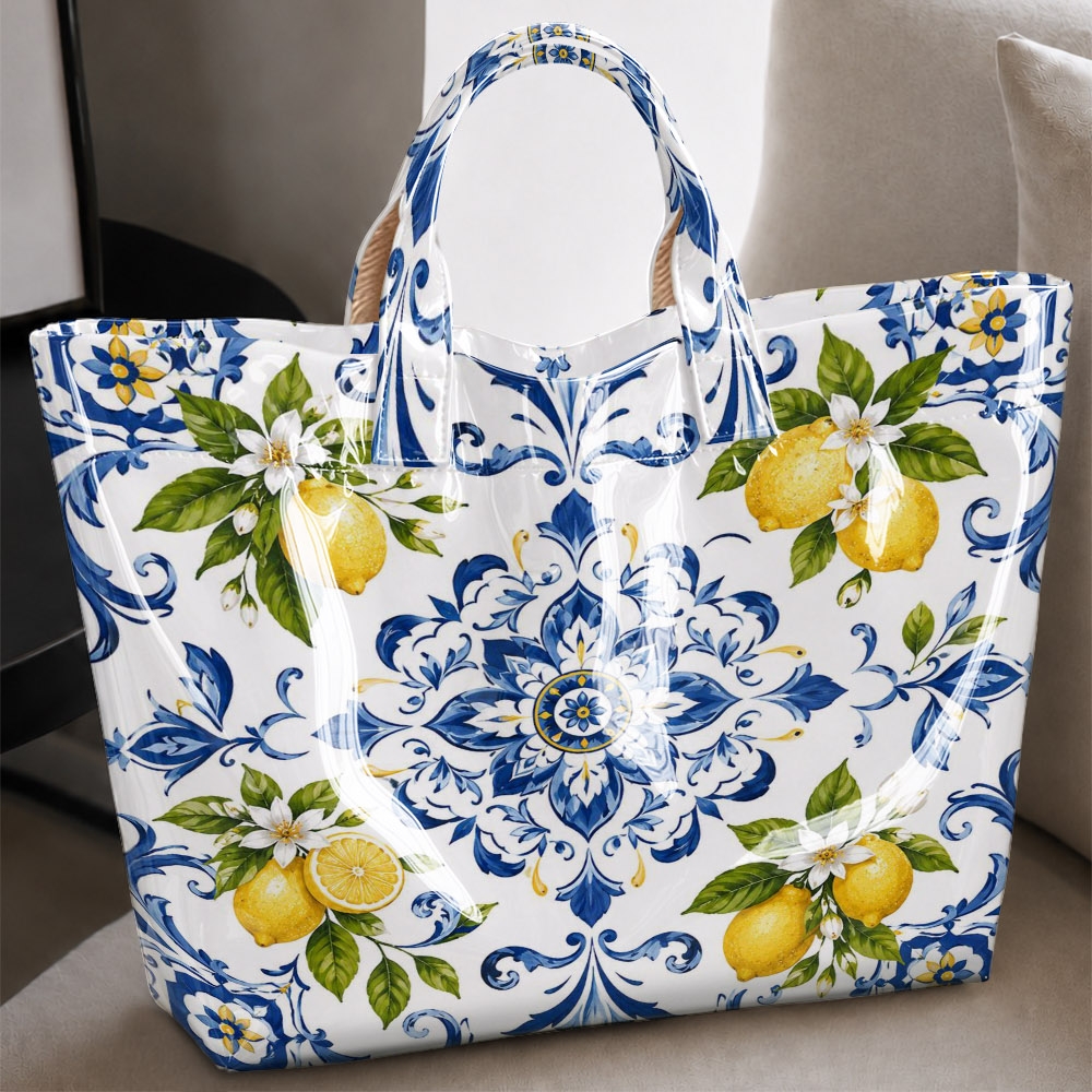 Image of And White Tile Print Tote Bag, Fruit Glossy Handbag, Large Capacity High Bag, Suitable For Spring Travel, Picnics And Daily Use