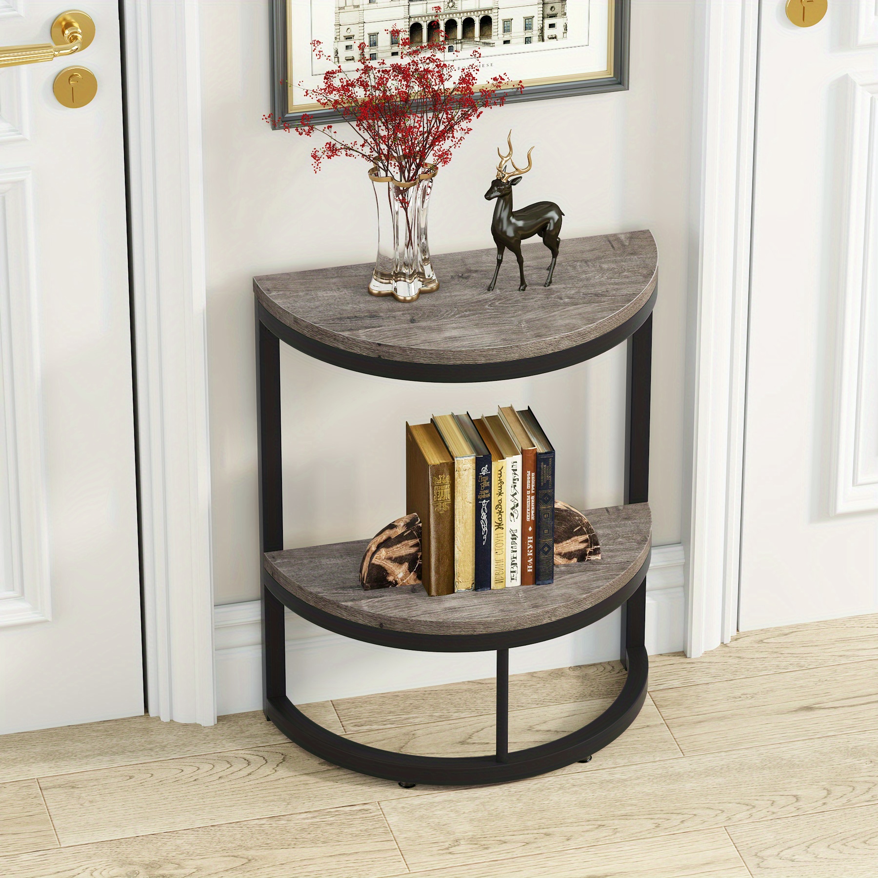TEMU Petite table d'appoint semi-circulaire à deux niveaux avec étagère de rangement. Cette table d'appoint mince en bois est parfaite pour placer à