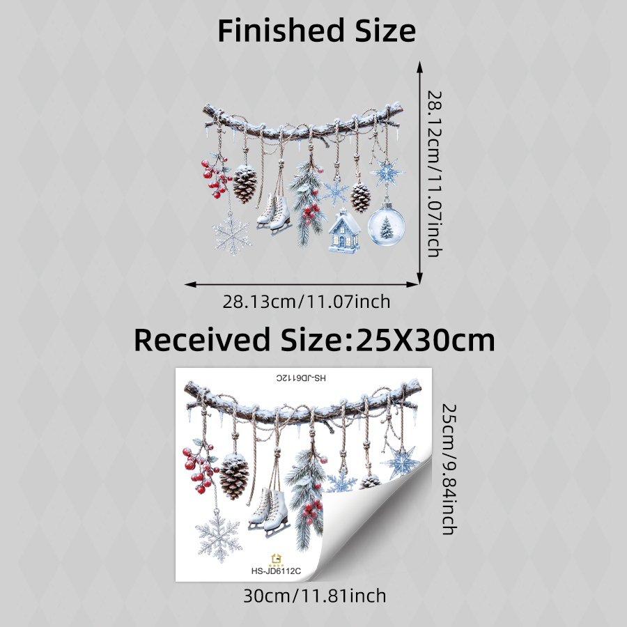TEMU 1pc Winter Christmas Static Cling Window Stickers, Hanging Frosted Branch Ice Skates Berry Snowflake Cabin Bauble Decor For Café Holiday Party