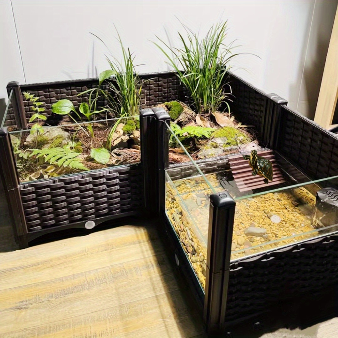 terrario elevado con panel transparente para tortugas de   de    , un recinto semiacuático para tortugas terrestres y semiacuáticas, un   de paisajismo ecológico, un recinto de exhibición y cría para  , un   de cría de reptiles con configuraciones ajustables