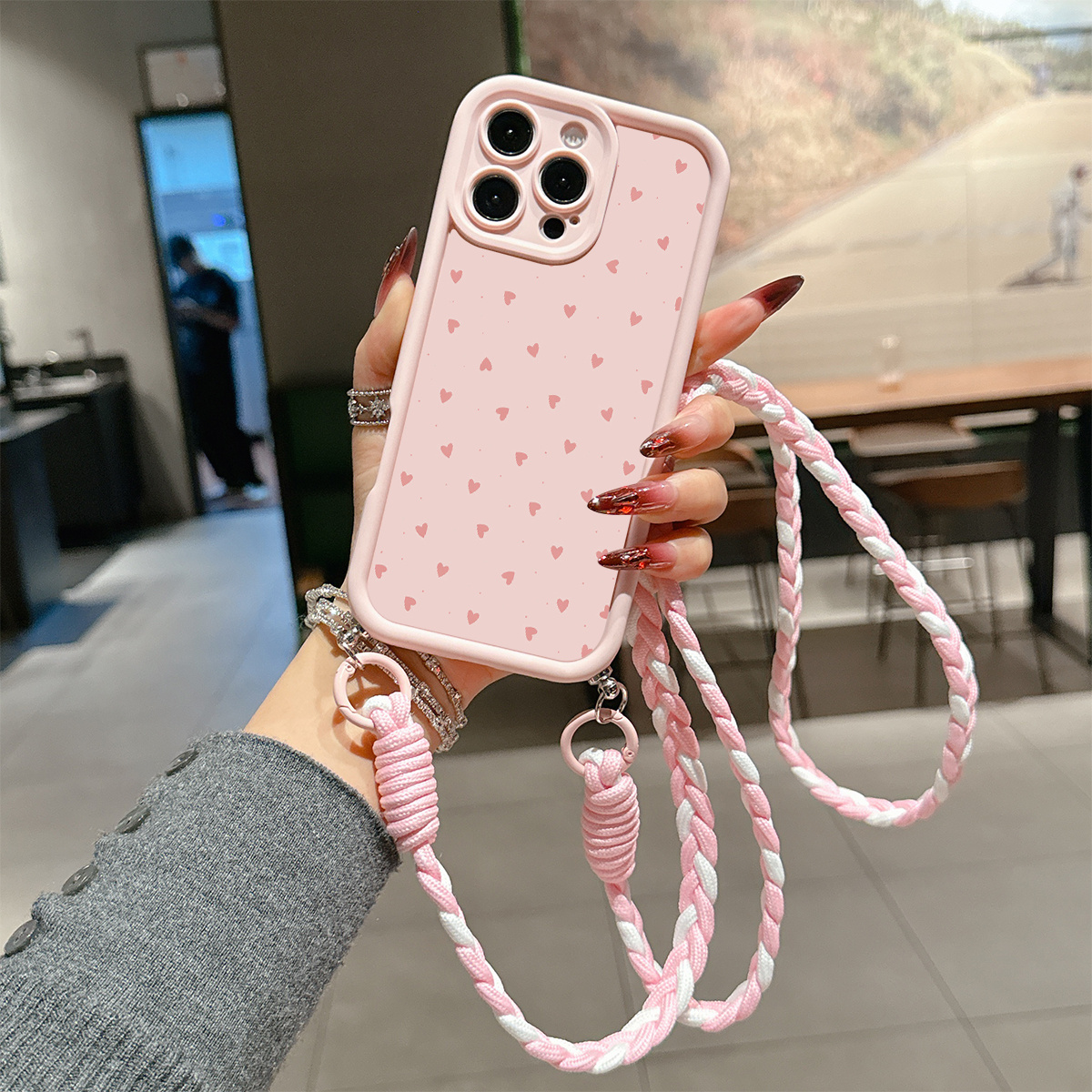 TEMU Phone Case - The Product Is A 2d Image Not A 3d Image Convenient Handmade Braid Lanyard Phone Case, Pink Heart Valentine's Day Pattern, Easy And