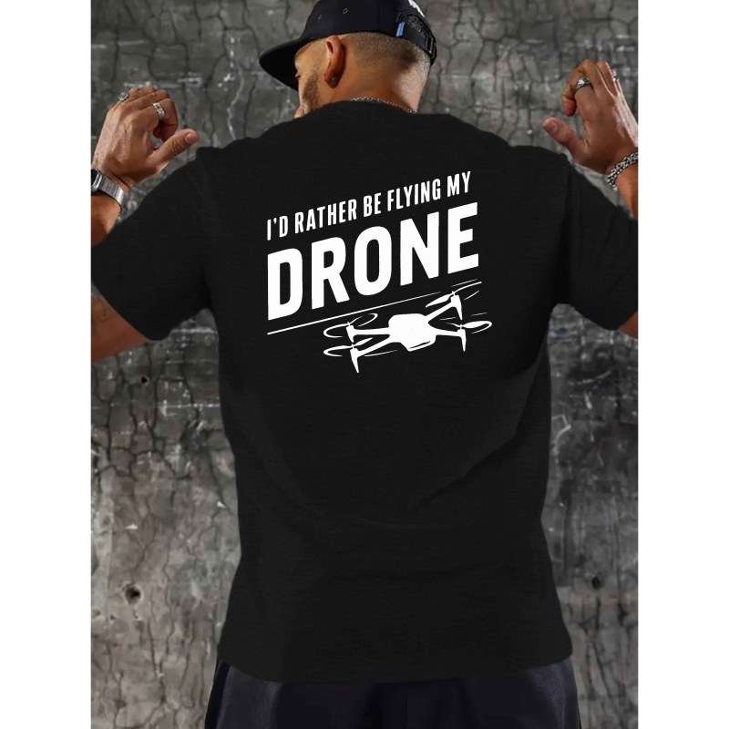 

Men's "i'd Rather Be Flying My Drone" Graphic Tee - Blue Polyester T-shirt With Geometric Print, Crew Neck, Short Sleeve, Machine Washable For Summer