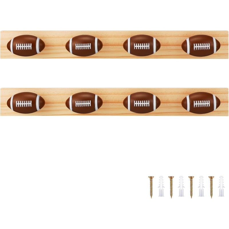 2pcs   football soccer ball wall mounted coat rack key holder wood wall mounted with 4 hooks each space saving entryway storage for hats coats keys vintage sports theme decor suitable for game room sports