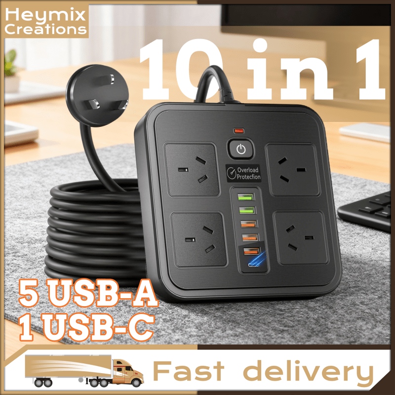 TEMU 10-in-1 Usb Powerboard, 2500w Protector With 4 Ac Outlets And 6 Usb Ports (1 Usb- Usb), 1.6m Extension Cord, Wall-mountable Power Strip For