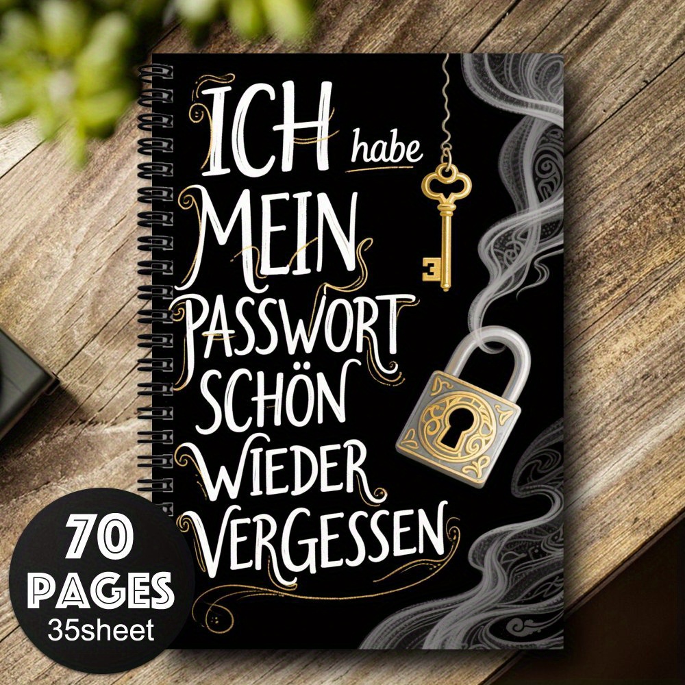 TEMU 1 German Password Notebook Record Book With Golden Key And Silvery Lock Design - 70 Pages, Spiral Bound, Durable Paper, Secure Password Log For
