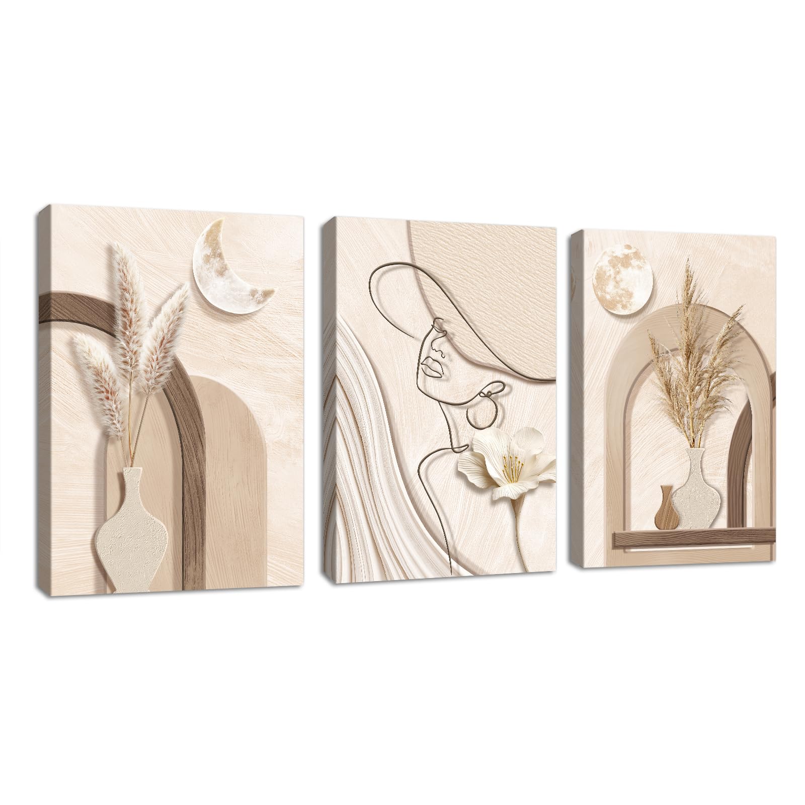 TEMU 2d Flat, 2d Flat, Set Of 3 2d Flat Abstract Tan Cream Geometry Plants Canvas Wall Art Prints, Neutral Beige Reed Pictures For Bedroom Walls