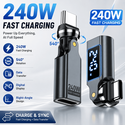 Artikelbild 240w usb-c ° drehbarer adapter mit digitaldisplay, typ-c-stecker auf buchse schnelllade-wandler, datenübertragungs- -usb-c-adapter für handy, tablet, laptop
