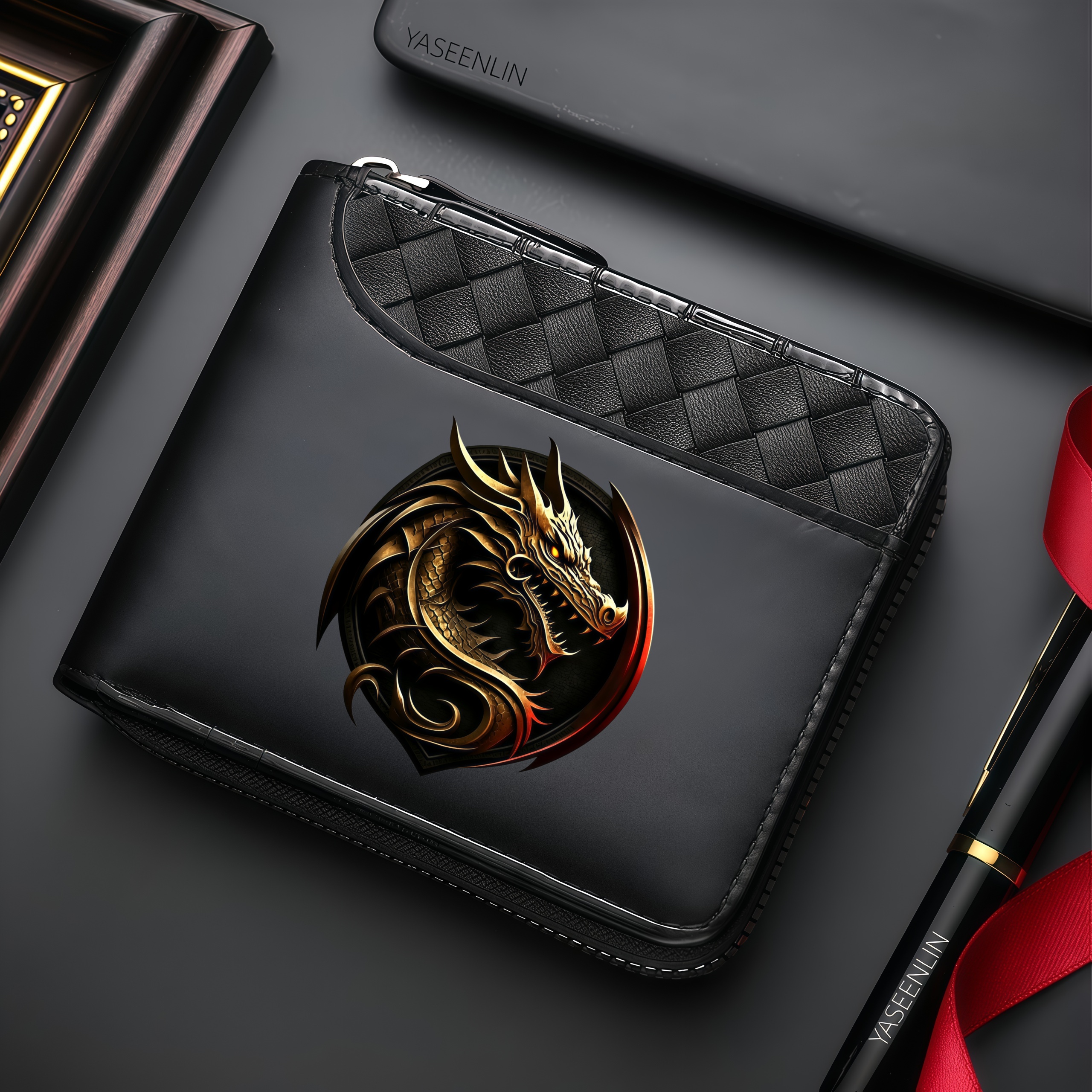 TEMU Yaseenlin 1pc/2pcs High-end Men' Wallet With Vintage Dragon Print And Car Key Pouch - Black Crocodile Textured Synthetic, Multiple Card Slots,