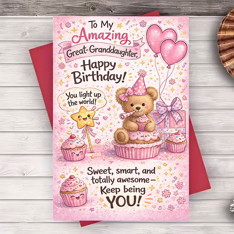 TEMU 1pc Includes Envelope And Greeting Card, Great Granddaughter Birthday Card, Cute Bear Cupcake Design, Suitable For Family Celebrations And