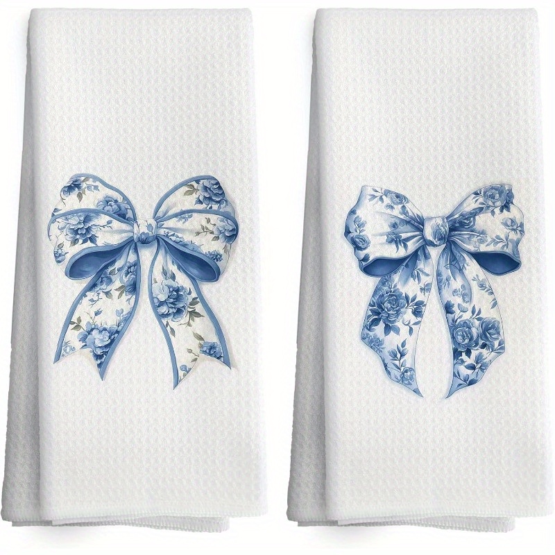 

2-pack Blue And White Floral Bow Kitchen Towels, 18x26 Inches, Soft Polyester, Reusable, Skin-friendly, Multi-decorative Holiday Dish Towels For Valentine's Day Gift And Home Decoration