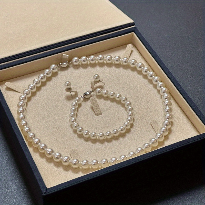 

Elegant 925 Sterling Silver Jewelry Set, Sexy , With Pearls, Includes Necklace, Bracelet, And Stud Earrings, For Daily And Party , Perfect Christmas Gift