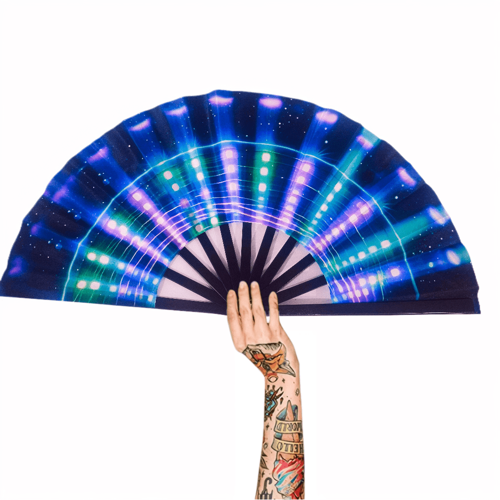 13   glow holographic foldable fan for music festivals glow in the dark illuminated design with high quality coating   nightclubs   outdoor events hot weather parties cooling glow in the dark details