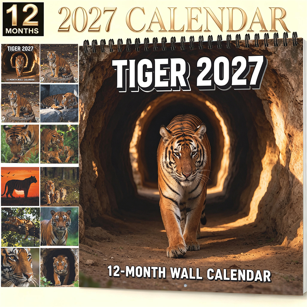 TEMU 1pc, 2027 Tiger Themed Wall Calendar 8.3 X 8.3 Inch 12-month Monthly Hanging Calendar With Vivid Photography For Home Office School Wall Decor