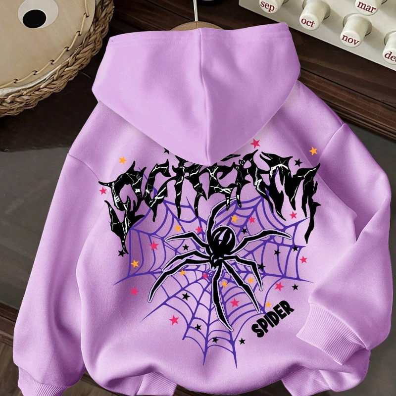 Women's Stylish Purple Spider Web Graphic Hoodie - Cozy Fall & Winter Casual Sweatshirt with Drawstring, Polyester, Gothic-Inspired Design, Casual Wear Hoodie | Trendy Casual Top | Web Design Hoodie