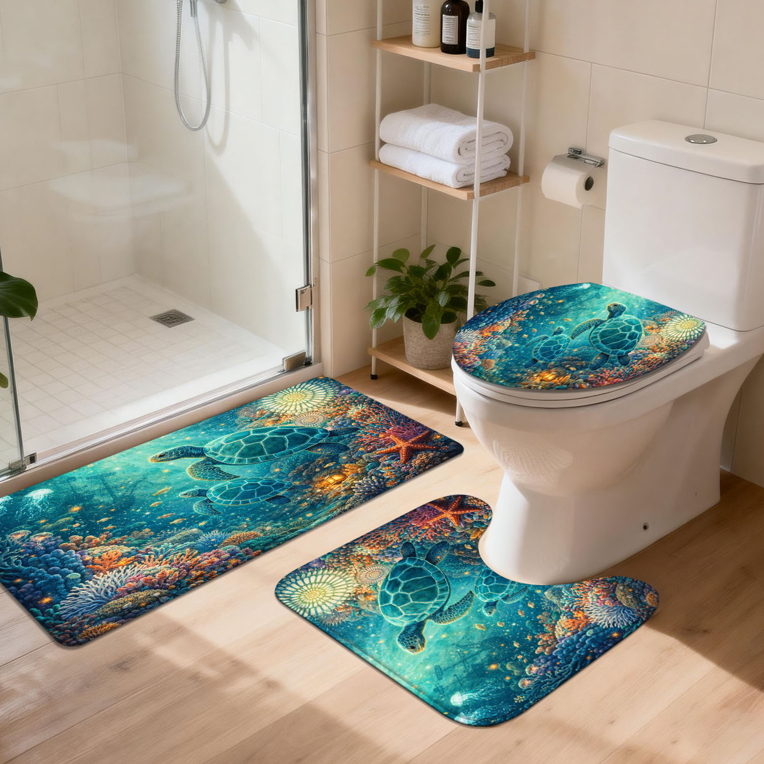 TEMU 1/3pcs Bathroom Mat Set, Deep Sea Turtle Design, Home Decor Entryway Doormat, Toilet Lid Cover And Bathroom Accessories Set, Non-slip Absorbent