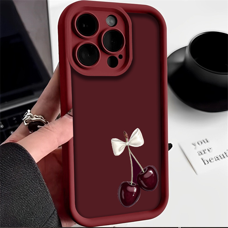 TEMU Étui de téléphone : Modèle élégant et à motif cerises rouge vin, compatible avec iPhone 17/16 Plus/11 Pro Max/16 Pro/iPhone 15/16 Pro Max/15 Pro