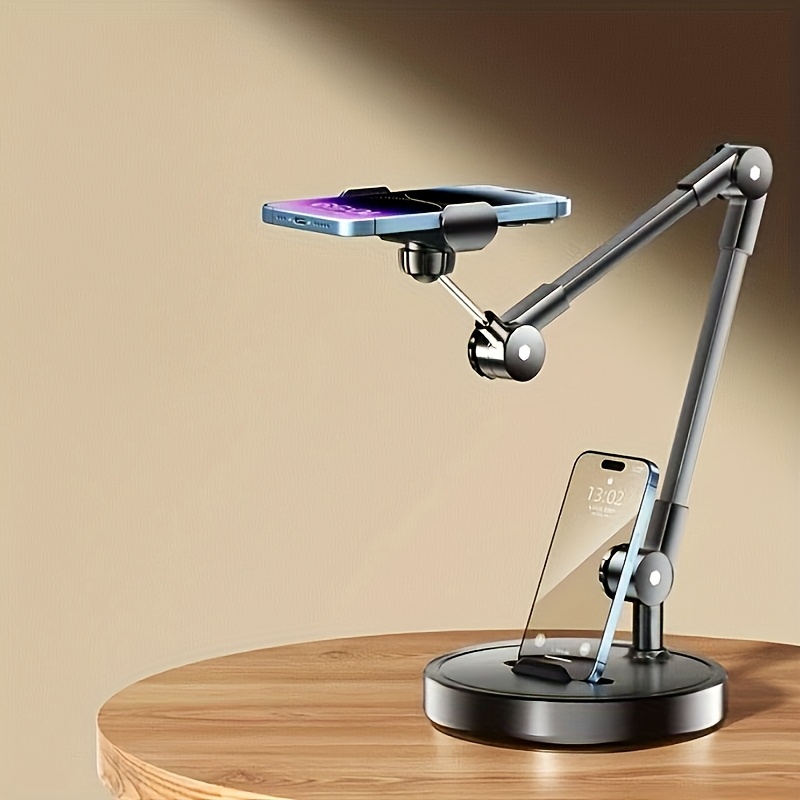 TEMU Durable Iron Adjustable Metal Mobile Phone Tablet Stand, , -multi-angle Desktop Stand, Sturdy Base, Stylish Black End, Suitable For Live