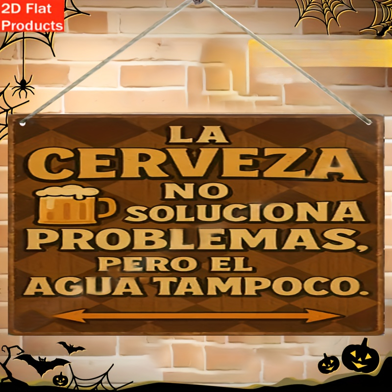 TEMU Letrero de madera 2D con marrón y diseño de de madera, eslogan divertido en español "La cerveza no problemas", de vaso de cerveza, letrero de