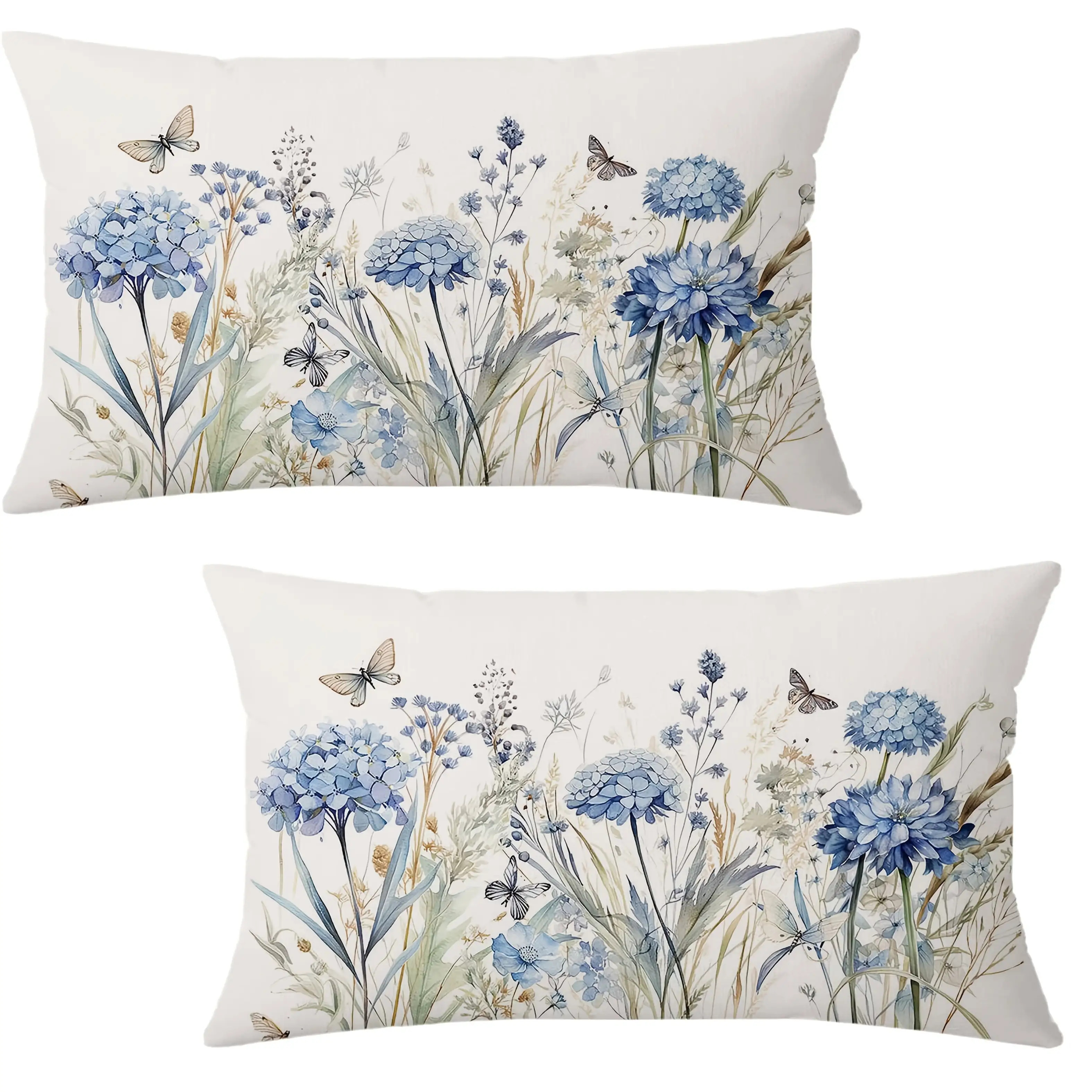 TEMU 2pcs Delicate Blue Flowers And Colorful Butterflies Dance , Pastoral Style Double Pillowcase (pillow Inserts Not Included), Decorative
