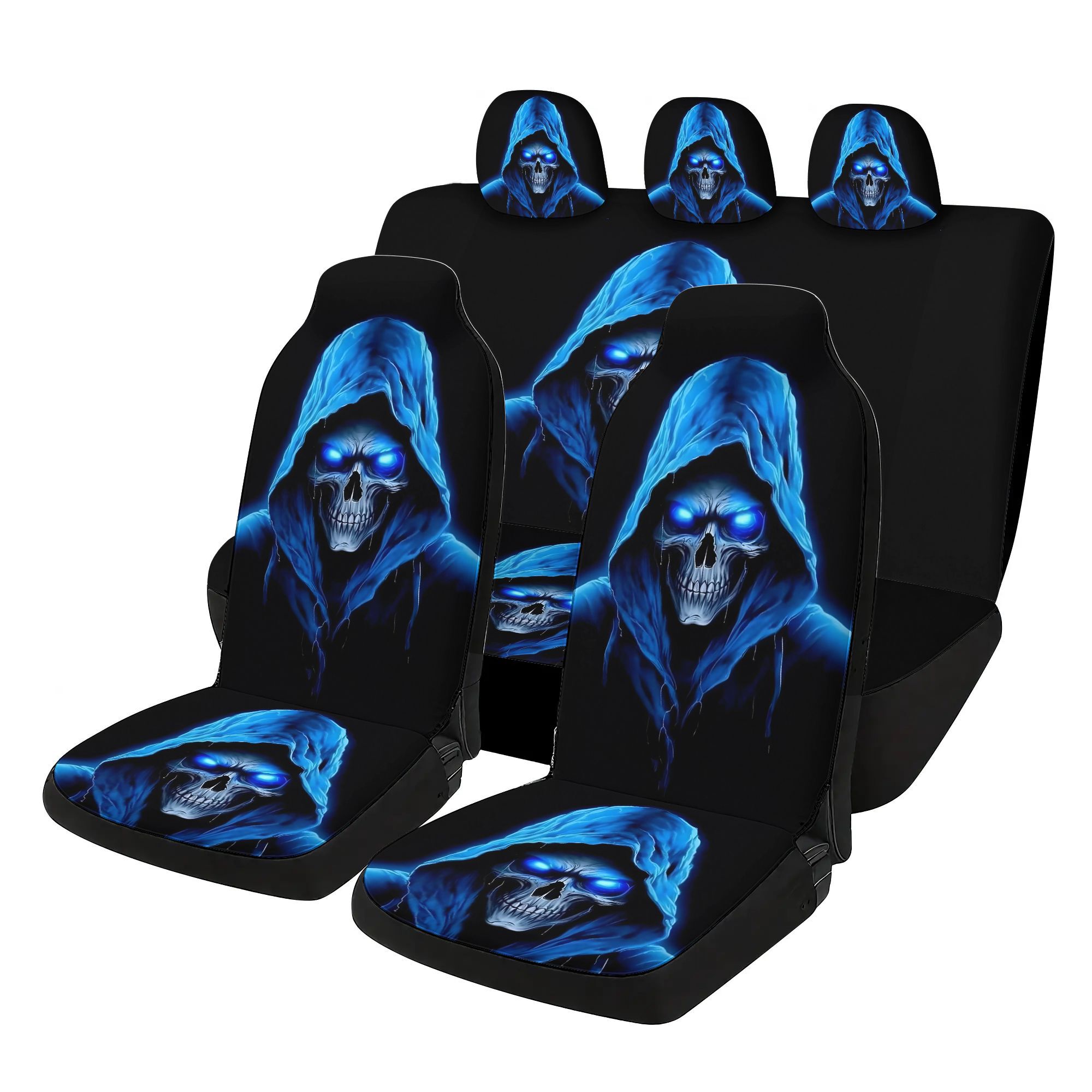 TEMU 7pcs Reaper 7-seater Car Seat Cover Set, 2d Flat Design, Universal Full Set Including 2 Front Seat Covers, 1 Rear Backrest Cover, 1 Rear Cushion