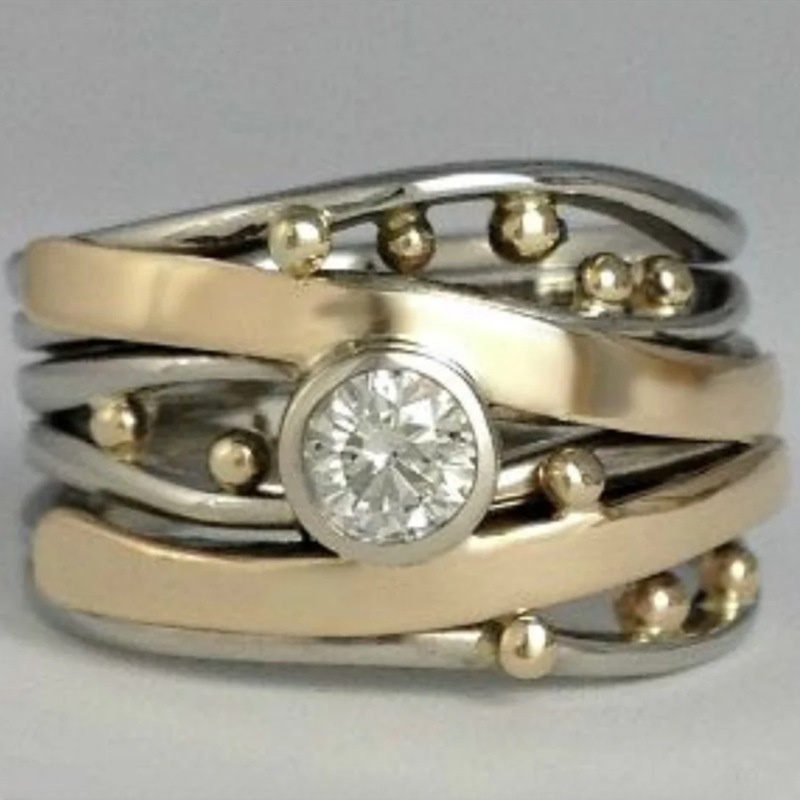 Image of Retro Metallic Style Golden Sphere Wide Rings Fashion Zirconia 2 Tone Rings For Women Men Daily Party Hip Hop Additions