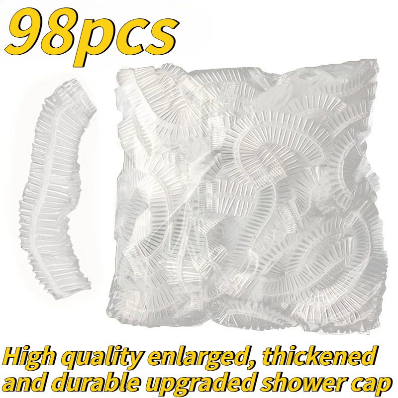 TEMU 98pcs Disposable Stretchable Transparent Shower Caps | High-quality, Extra Large, Extra Thick, Durable, And Hard-to-tear Upgraded Style