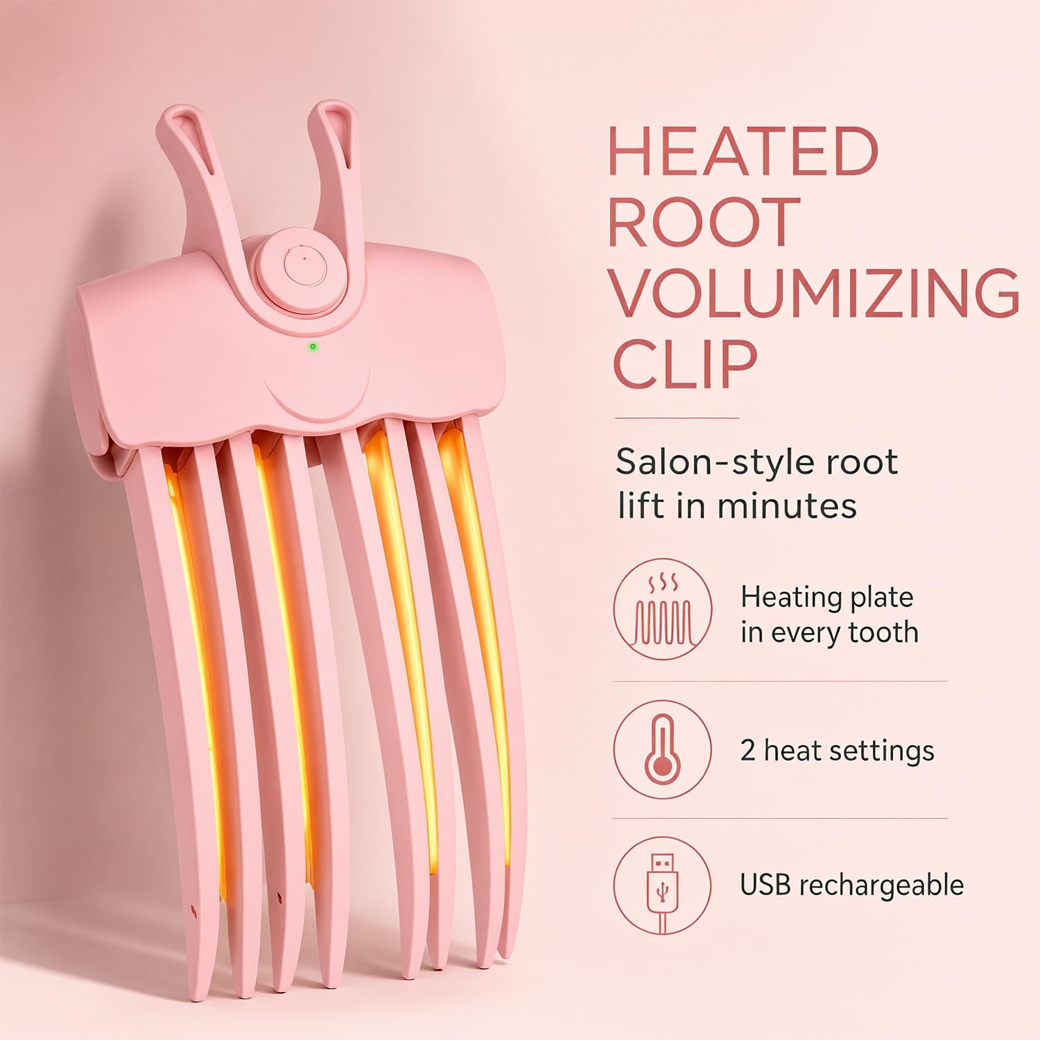 portable heated hair volume clip travel set root lifter comb with settings plates in tooth usb rechargeable cordless hair volumizer fine flat hair styling quick volume 1 rechargeable clip 3 clips storage bag Product details 2