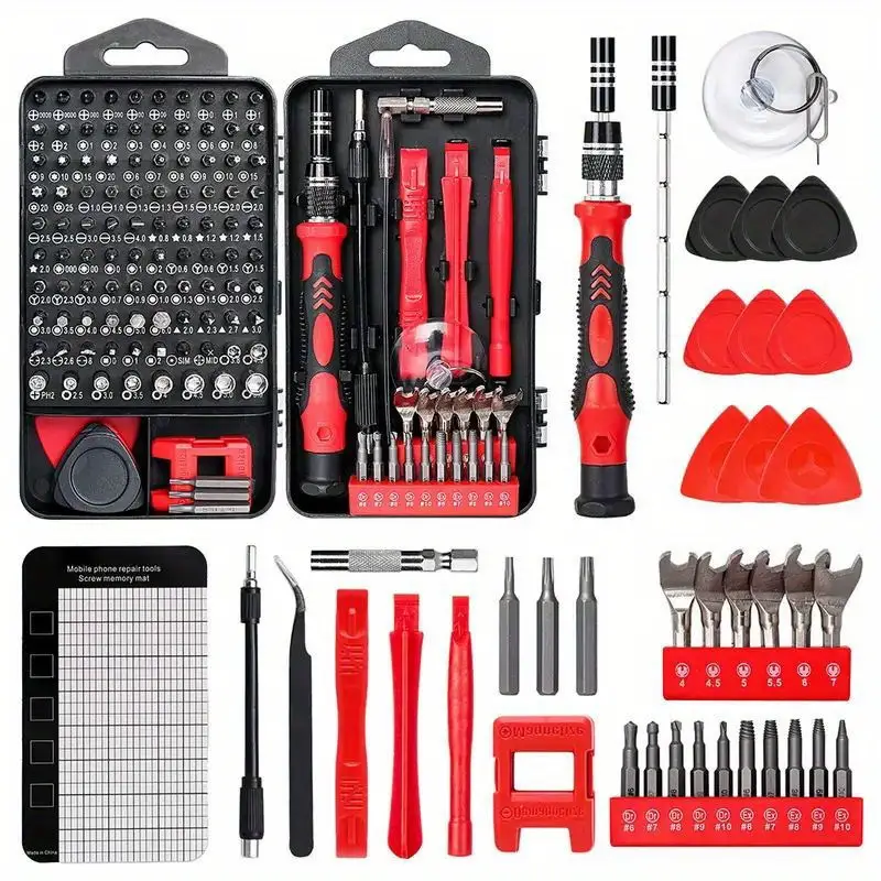 138in 1 precision screwdriver set diy repair tool kit with steel bits for iphone tablet watch camera mini wrench stripped screw extractor magnetic non slip handle tweezers grey red Product details 0