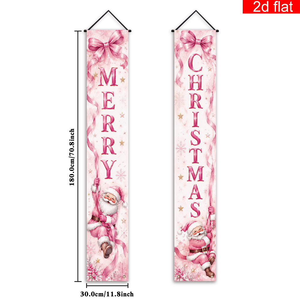 TEMU 2d Flat, 2d Flat Banner, 2pcs, Merry Christmas Front Porch Sign Banner,, Light Pink With Large Bow, Santa Claus And Snowflake , Winter New Year