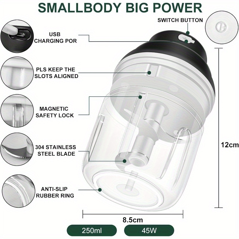 1-touch electric garlic chopper with usb-powered motor & 8.45oz large cup - 45w powerful mini food processor, safety lock, 304 blade & bpa-free pp bowl, compact portable design with ergonomic handle &   operation for garlic, onion, ginger, chili, meat, nuts, vegetables - ideal for small kitchens, camping, picnic, bbq (usb-powered, 3-hour charge) - Product details 2