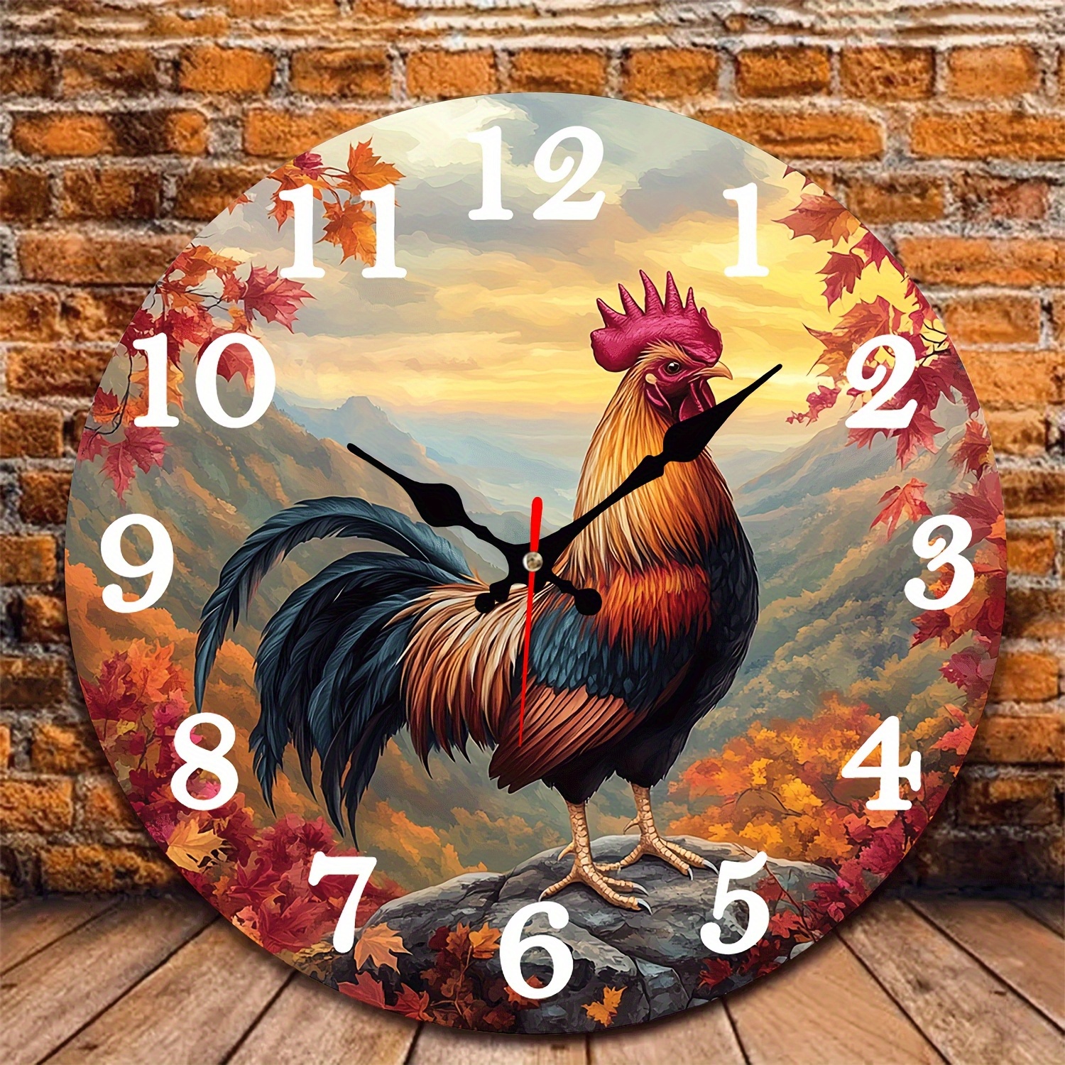TEMU 10-inch Autumn Rooster Wooden Wall Clock - A Quiet Round Decorative Featuring A Autumn Scene, Ideal For Home Decor And Seasonal Gifts (aa
