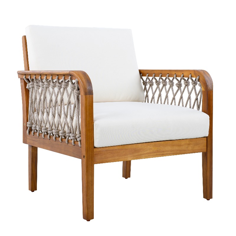 Outdoor Acacia Club Chair with Handwoven Rope, Teak End