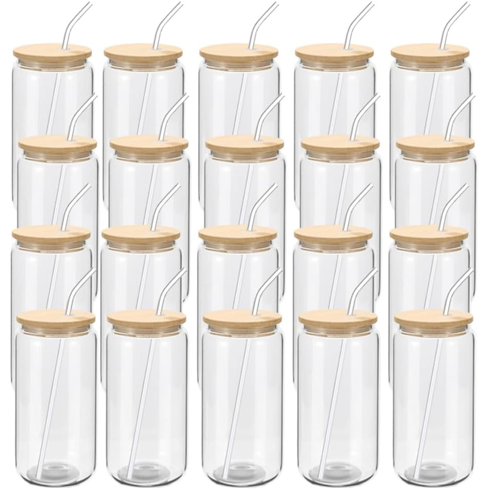 TEMU Set Of 24 Clear Glass Cups Shaped Like Beer Cans, Each With A 16oz Capacity, Featuring Bamboo Lids And Glass Straws, Perfect For Iced Coffee,