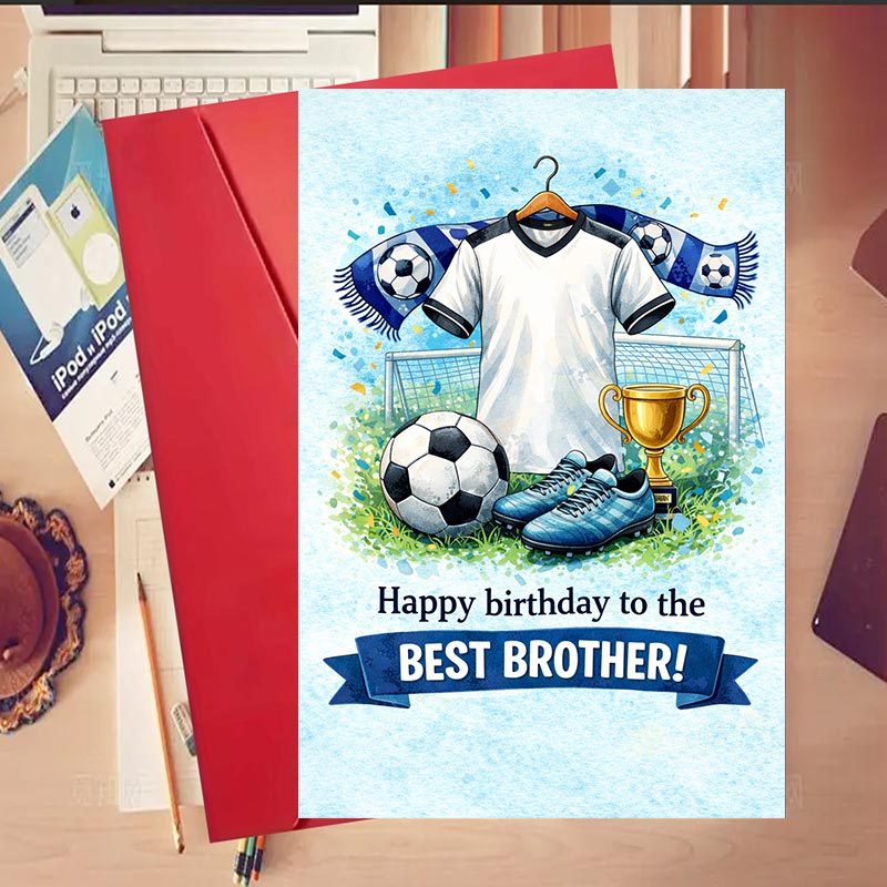 TEMU 1pc Football-themed Brother Greeting Card With Envelope, Suitable For Birthday, Football Supplies Gift, English Paper Card From Sisters Or