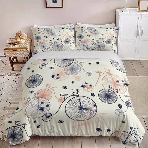3- súprava obliečky na paplón s vintage motívom bicyklových (1*obliečka na paplón + 2*obliečky na vankúše, paplón nie je súčasťou balenia), vintage , umelecká posteľná bielizeň, mäkká, priedušná, dekorácia do spálne