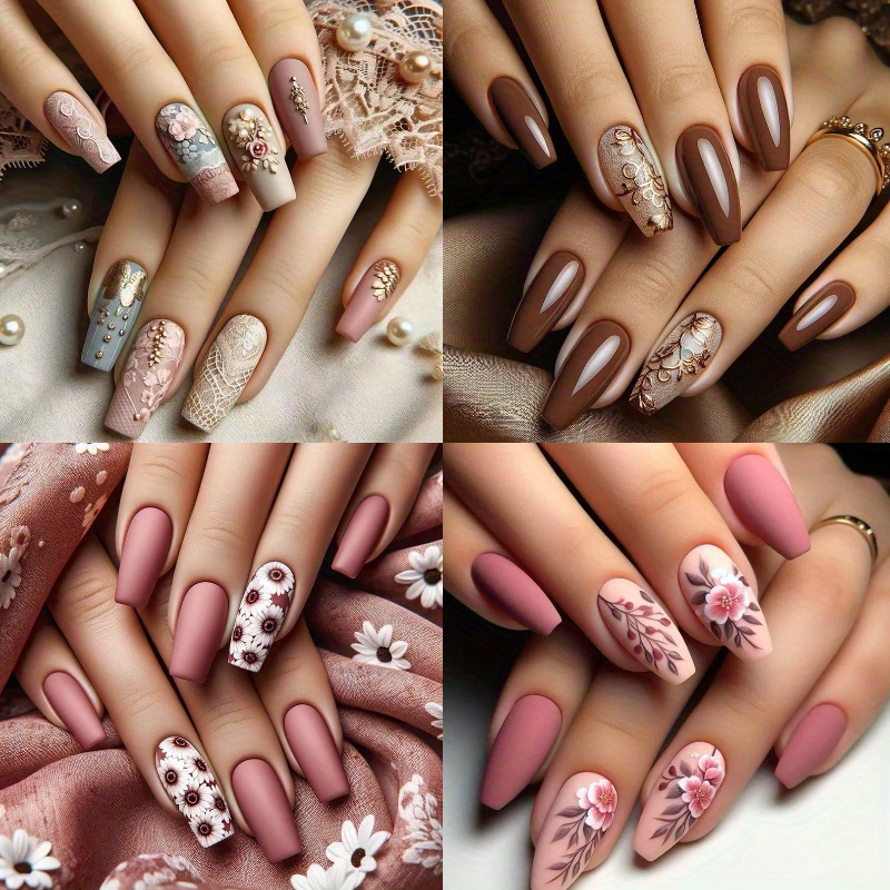 TEMU 96pcs (4 Packs) Of Flower , Matte Texture, Medium Length, Easy To Apply, Including Nail Files And Jelly Glue, Suitable For Fashionable Fake Nails For Women And Girls