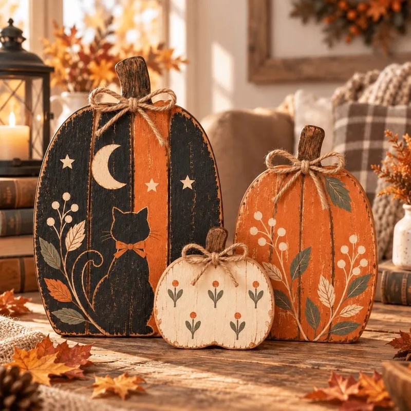 TEMU 2d Flat, 2d Wooden Pumpkin Set, 3pcs Halloween Wooden Pumpkin Nanny, Rustic Autumn Tiered Tray Decor, Tabletop Decoration, Halloween Gift, 2d