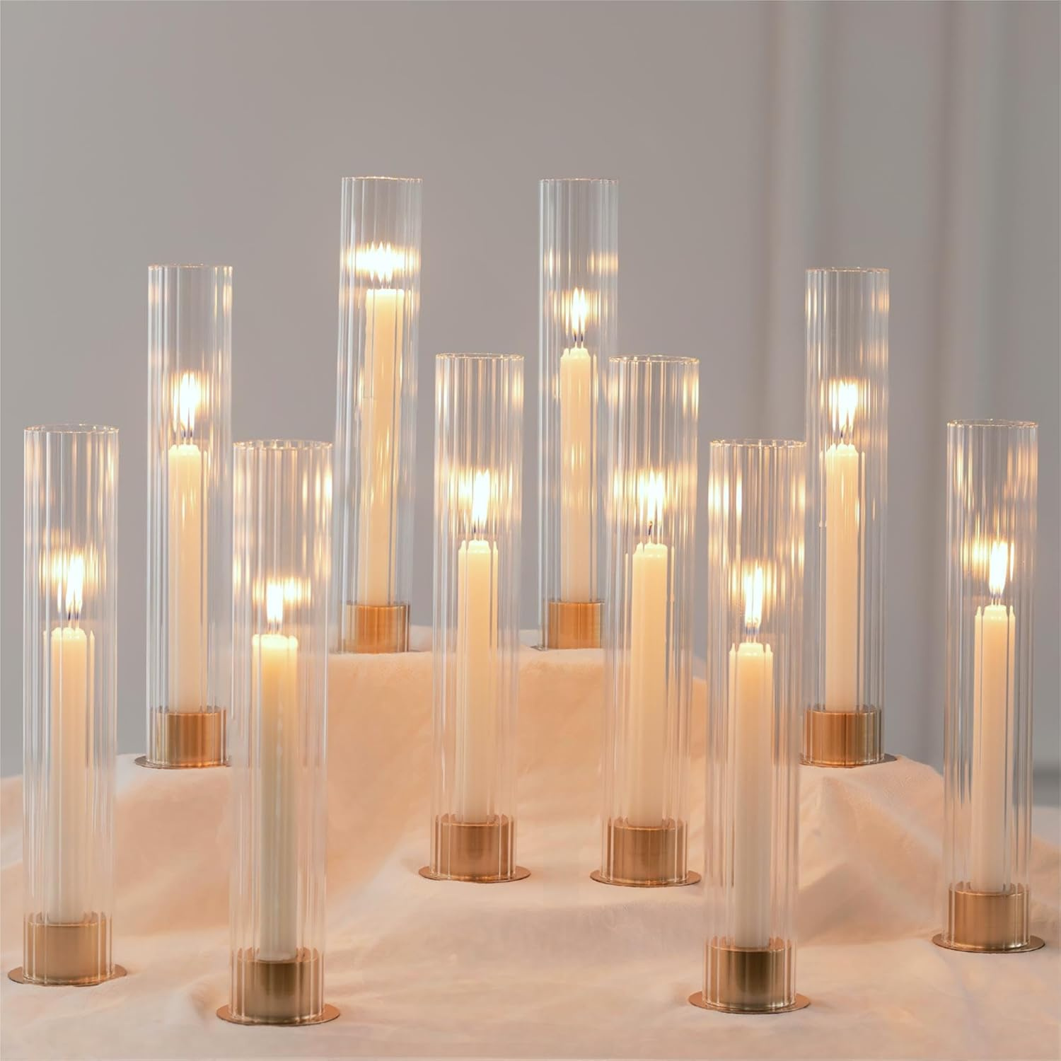 Image of 10pcs Candle Holder For Centerpiece Metal Taper Candle Holders With Ribbed Glass Cylinders Candlestick Holders Bulk For Outdoor Party Dinner Wedding Table Decoration