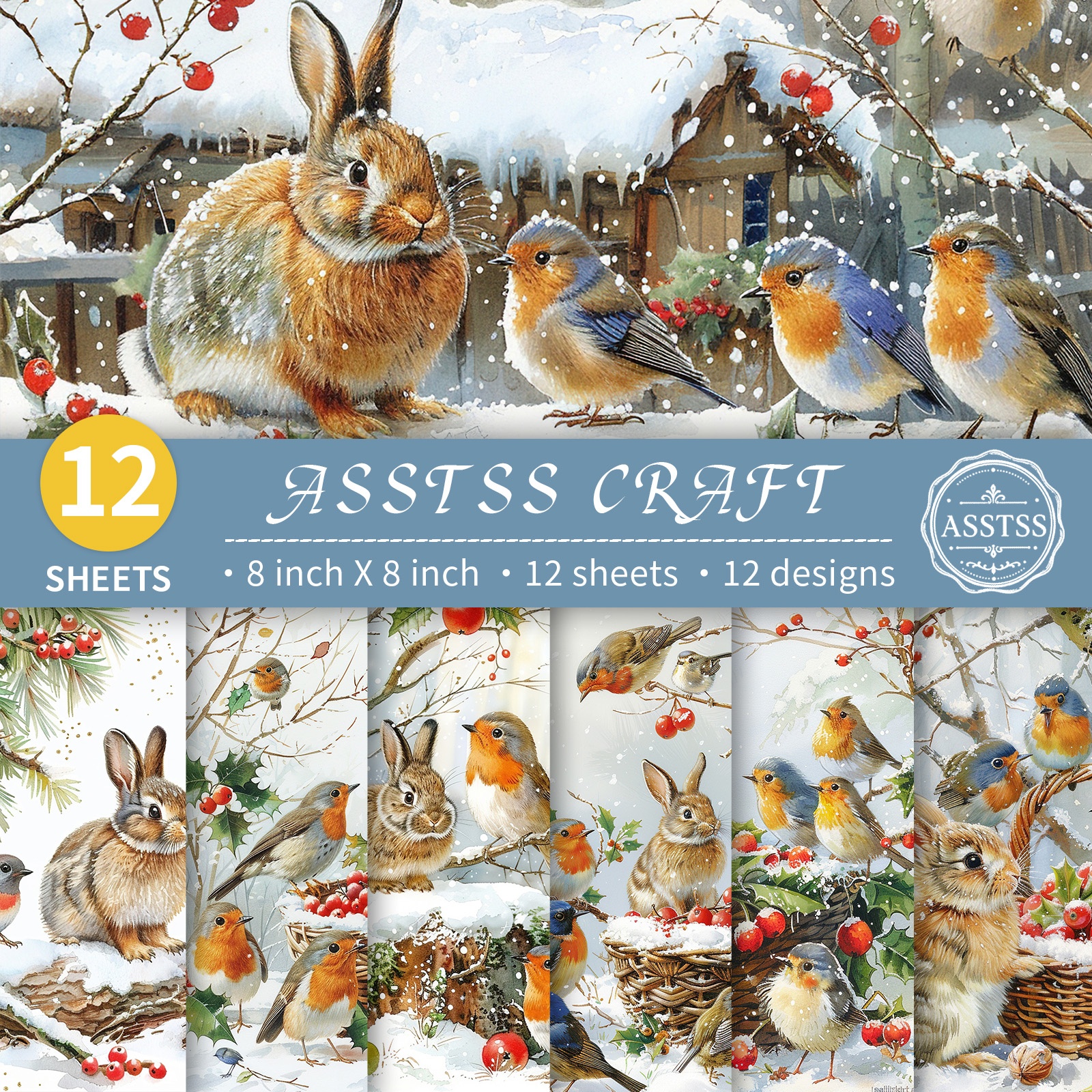 TEMU Lot de 12 feuilles de papier scrapbooking ASSTSS 8X8 pouces, papier de base de style Noël avec motif de lapin d'hiver, robin, houx et de houx,