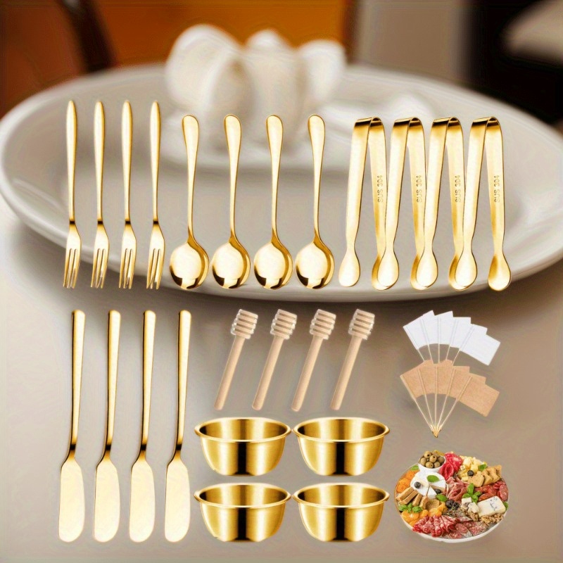 stainless steel knife fork and spoon set cheese and butter spreading knife set with cutting board   cutlery toothpicks and flags suitable for outdoor   and pastry making Product details 0