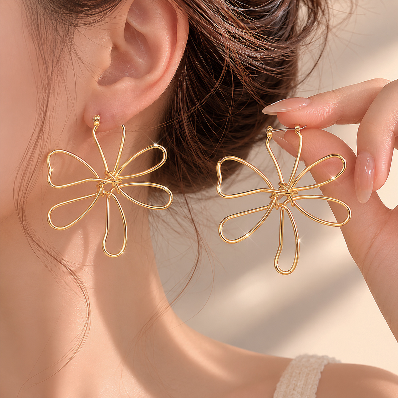 TEMU Un par de aretes de tachuelas con forma de flor lineal, y elegantes para mujer. Estilo versátil de -verano adecuado para uso diario, fiestas,