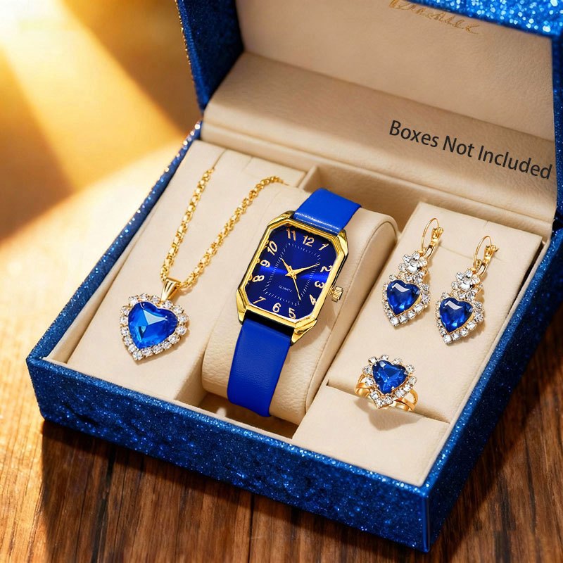 5-delige set, damesmode retro rechthoekig quartz horloge en mode sieraden set, dames hoogwaardige horloge set, gloednieuwe presentatie, vooral geschikt voor Moederdag, Valentijnsdag, Ramadan, verjaardag, Kerstmis, Nieuwjaar, bruiloft